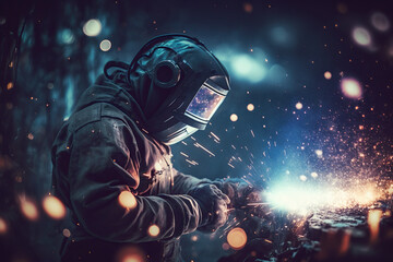 Obraz na płótnie Canvas Precision and Expertise: A Skilled Welder in the Metal Industry. A welder is seen working in a metal fabrication shop, wearing a protective helmet and gloves, ai generative