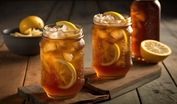  three mason jars filled with iced lemons and lemon slices.  generative ai