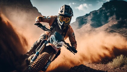 Fototapeta Close-up of mountain motocross race in dirt track in day time. Concept focus of during an acceleration in action sport Splashing sand by ai generative obraz