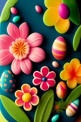 Easter eggs and flowers. Generative AI.