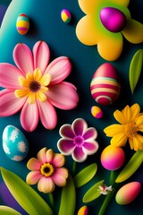 Fototapeta na wymiar Easter eggs and flowers. Generative AI.