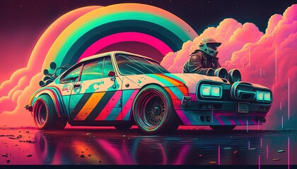 retro car in rainbow color style and cloud by ai generative 