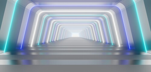 Fototapeta premium Futuristic interior background lamps glowing in gray tunnel 3d render