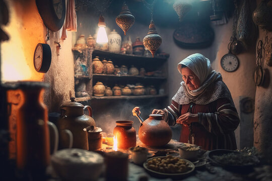 Rustic moroccan kitchen | Moroccan Woman cooking : A Culinary Journey Through Morocco Authentic Flavors, Culture and Tradition - AI Generative