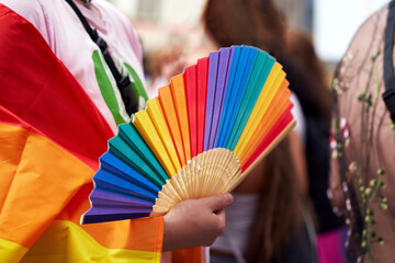 Colorful rainbow fan during gay pride in Prague