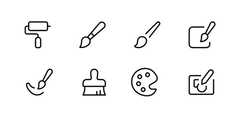 brush icon, paint plate, paint brush, paint roller, editable stroke icon set, vector illustration, Suitable for Web Page, Mobile App, UI, UX design.