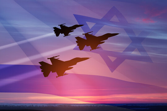 Aircraft silhouettes on background of sunset with a transparent waving Israel flag. Military aircraft. Independence day. Air Force Day.