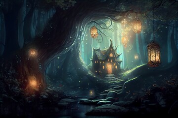 Fototapeta na wymiar A Fairytale An Enchanted Forest, Fantasy, Epic, Tale, Vintage. Generative AI