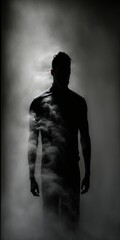 Fototapeta na wymiar Minimalistic Blur Silhouette Portrait in Black Color Fog Background, Human Art Concept. Generative AI.