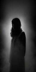 Minimalistic Blur Silhouette Portrait in Black Color Fog Background, Human Art Concept. Generative AI.