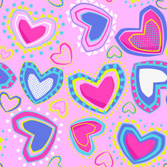 Abstract seamless pattern for girls. Creative vector background with colorful hearts, geometric elements and dots. Funny wallpaper for textile and fabric. Boho style.