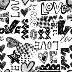 Fototapeten Black and white seamless pattern with hearts, words and geometric elements. Grunge neon texture background. Wallpaper for teenager girls. Fashion style © artlavi_design