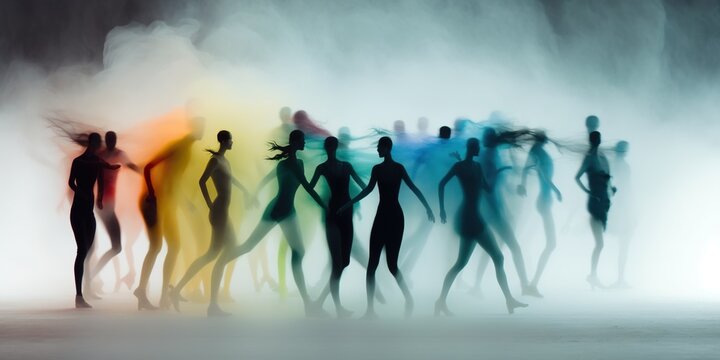 Minimalistic Blur Silhouette Group of Humans in Color Fog Background, Human Art Concept. Generative AI.
