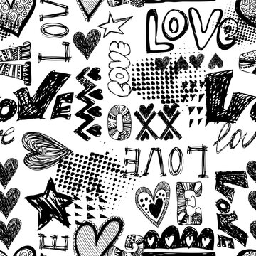 Black and white seamless pattern with hearts, words and geometric elements. Grunge neon texture background. Wallpaper for teenager girls. Fashion style