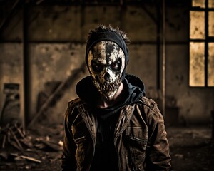 Masked Creepy Criminal in Abandoned Warehouse. Generative AI.