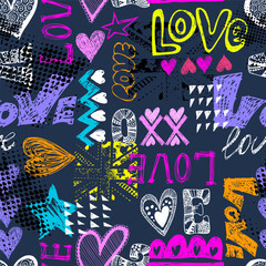 Bright seamless pattern with colorful hearts, words and geometric elements. Grunge neon texture background. Wallpaper for teenager girls. Fashion style