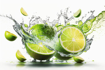Limes splashing in water isolated on white background Generative AI