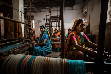 Textile industry Indian Women working on colorful textile looms AI Generative