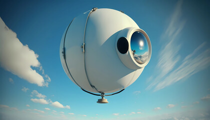 Spy balloon fly in the blue sky. White military airship or UFO. Generative AI illustration