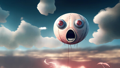 Spy balloon fly in the blue sky. Spooky white military airship or UFO. Generative AI illustration