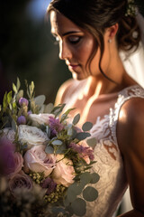 The Bride and Her Joyful Bouquet full of prety flowers, A Moment of Serenity, elegance and happiness ai generative