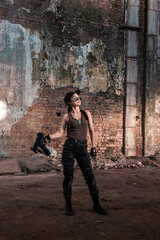 Female soldier with weapons. Character from the comic book The Punisher. Armed with a pistol and machine gun. A dangerous person who solves problems with force.