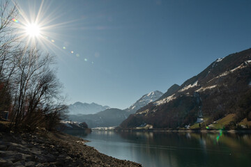 Waterfront panorama at the Lungerersee in Lungern in Switzerland