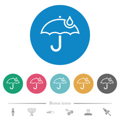 Umbrella with single raindrop outline flat round icons