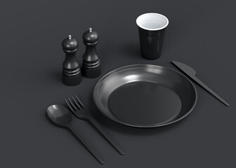 Set of disposable utensils like plate, folk, spoon,knife, cup and pepper mill