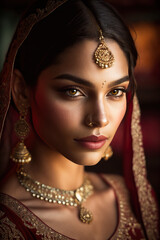 Elegance and Tradition. Embrace the beauty of Indian culture with a portrait of a serene and happy bride in a stunning veil, elegant jewelry. Wedding and culture concep ai generative