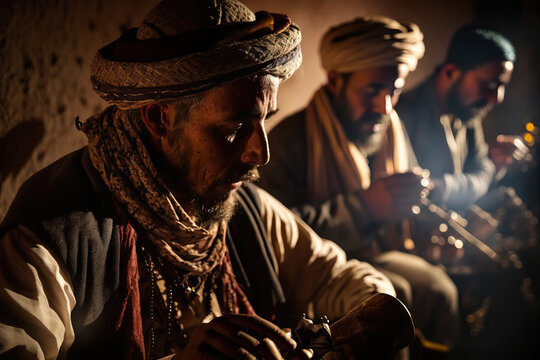 Rhythmic Berber Music. Musicians playing the guembri and krake in a traditional performance. Music concept. AI Generative