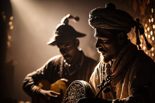 Rhythmic Berber Music. Musicians playing the guembri and krake in a traditional performance. Music concept. AI Generative