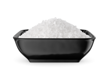 Coarse sea salt in black square bowl isolated on white. Front view.
