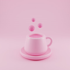 3D illustration of romantic pink coffee mug, pink background-