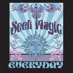 Vintage, mystic, sun, crescent moon eclipse illustration print, retro flowers, groovy, style, slogan, text. lettering, typography, Vector illustration, design, fashion, tshirt graphics, women's wear