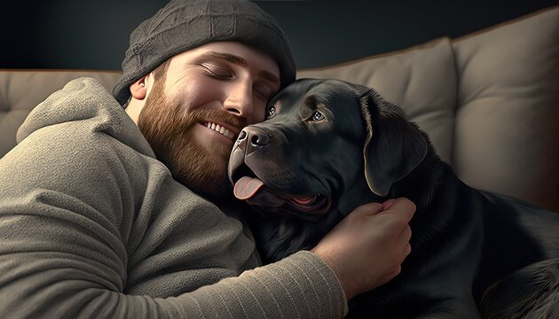 A person cuddling with their dog on a couch, with the focus on the pet and their expression of happiness. by ai generative