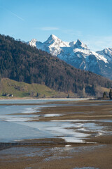 Fascinating mountain panorama at the lake Sihlsee in Switzerland