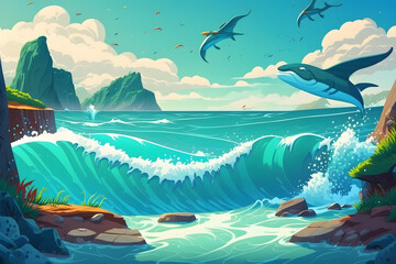 Naklejka na ściany i meble Cartoon ocean paradise background. Made with Generative AI 