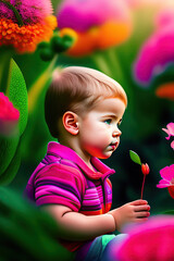Baby boy sitting in colorful flower garden with flower stem in hands. Blurry flowers in background. Generative AI
