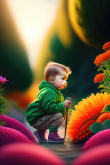 Baby sitting in colorful flower garden looking at flowers. Blurry sun an flowers in background. Generative AI