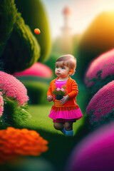 Baby girl walking in colorful flower garden with flower pot in hands. Blurry sun an flowers in background. Generative AI
