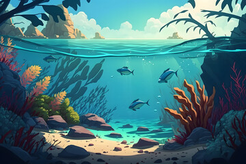 Fototapeta na wymiar Cartoon ocean paradise background. Made with Generative AI 