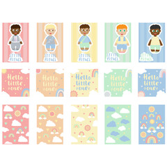 Fototapeta na wymiar Baby boy pastel cards with Little prince on striped background. Cute design,poster,postcards,template,vector illustrations.