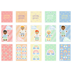 Fototapeta na wymiar Baby pastel cards set with with rainbow, hearts, stars and clouds. Little prince cards. Cute design,poster,postcards,template,vector illustrations.