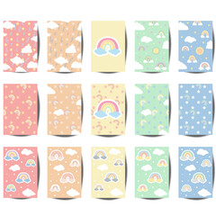 Fototapeta premium Baby pastel cards set with with rainbow, hearts, stars and clouds. Cute design,poster,postcards,template,vector illustrations.