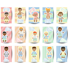 Baby pastel cards set with with rainbow, hearts, stars and clouds. Be happy and Little sunshine. Cute design,poster,postcards,template,vector illustrations.