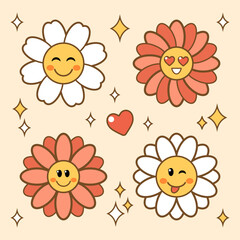 Set of groovy daisy flowers with funny smiling faces. Flower power sticker pack in trendy hippie 60s, 70s retro style. Isolated vector graphic elements collection in simple linear style.