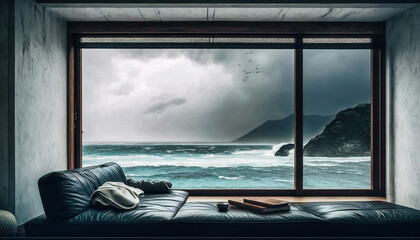 a sofa in an elegant apartment with view on a stormy sea - generative ai