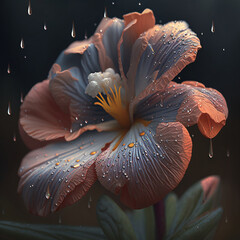 Nahaufnahme einer Blume im regen, dunkler Hintergrund