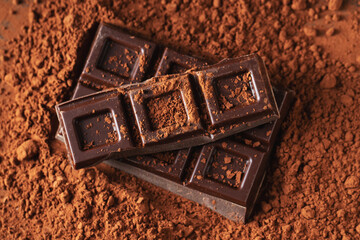 Dark and milk chocolate with nuts on a dark background sprinkled with cocoa powder.